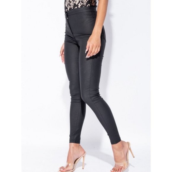 Black Vegan Leather Coated High Waist Skinny Pants - Picture 8 of 9